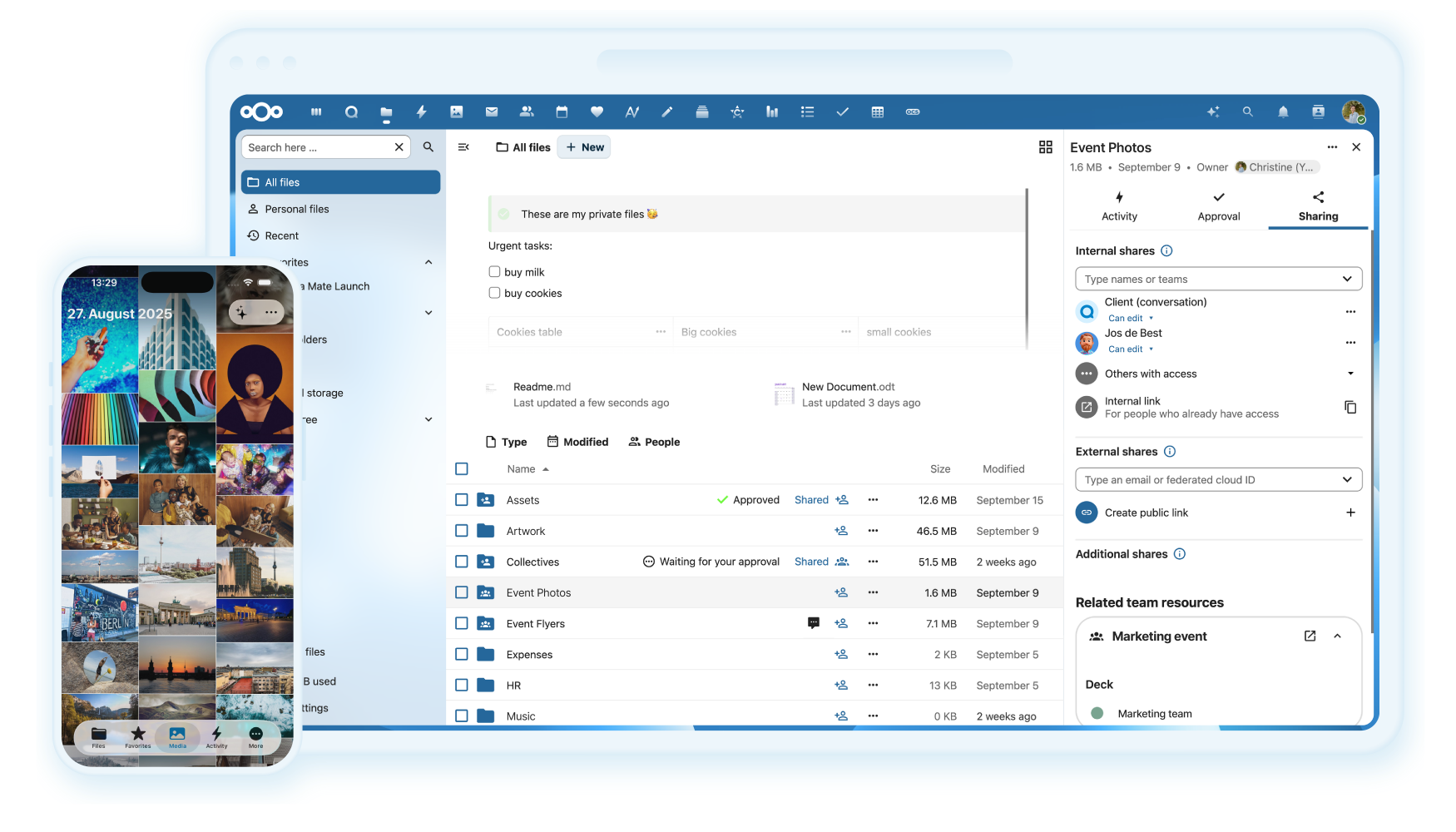 Interface officielle Nextcloud : dossiers, fichiers et panneau de partage