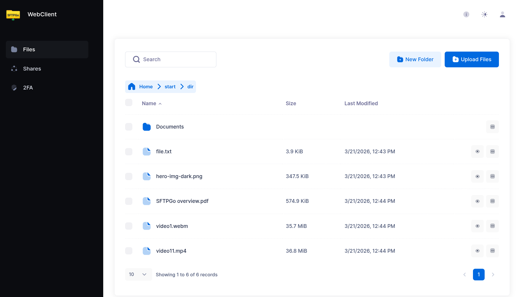 Interface officielle SFTPGo WebClient : fichiers, recherche et transfert